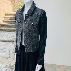 Aqua denim animal print leather sleeve